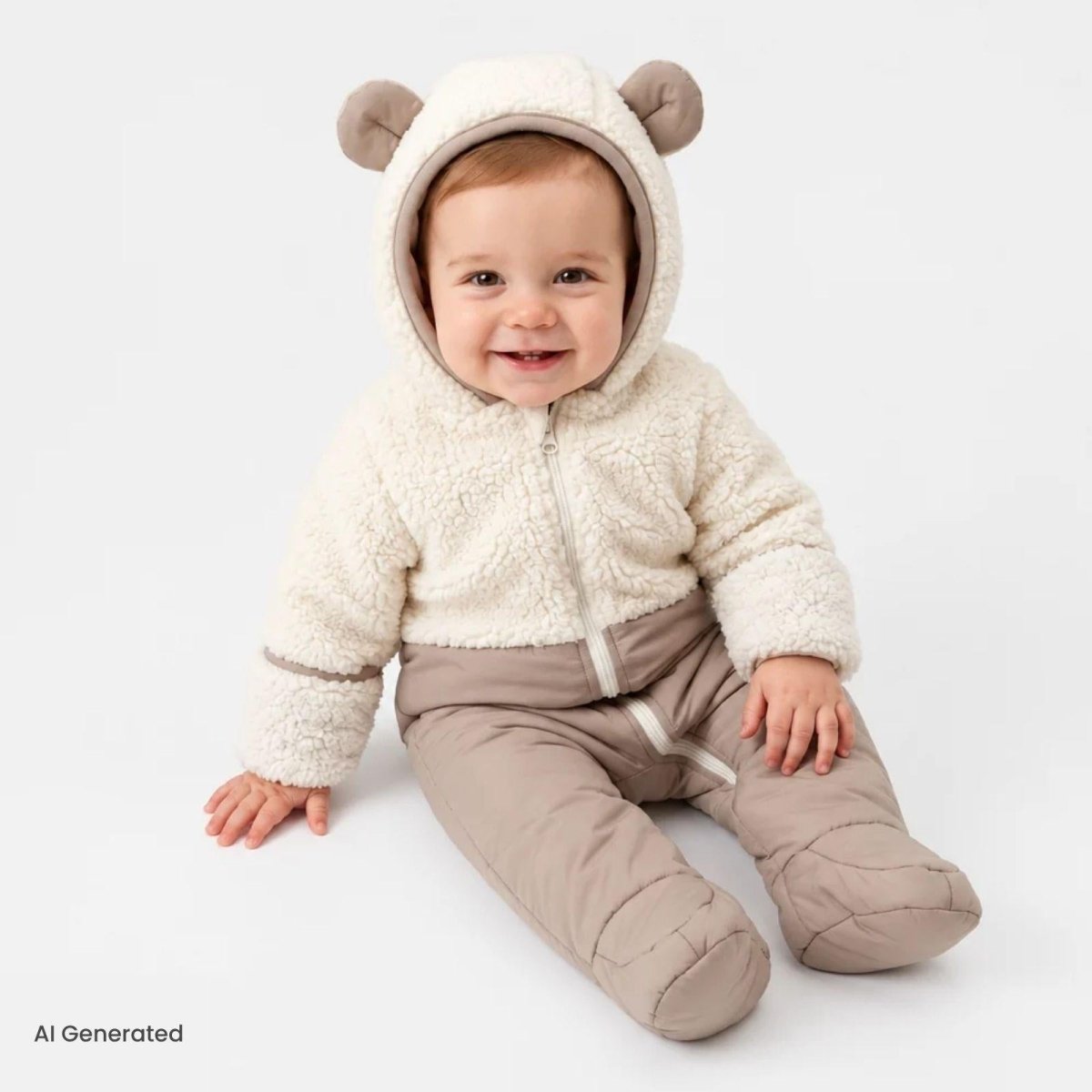 Midimod Hooded Zip-Up Soft Fleece Baby Pramsuit (1-3 Months to 12 Months) - Ecru Ecru - ebebek