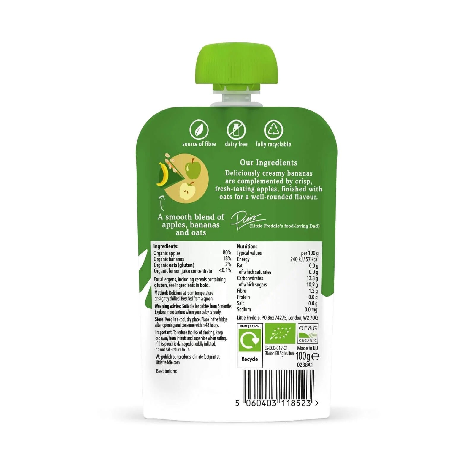 Little Freddie Organic Apples Bananas & Oats Baby Food Pouch 6+ months 100g - ebebek - Black Friday