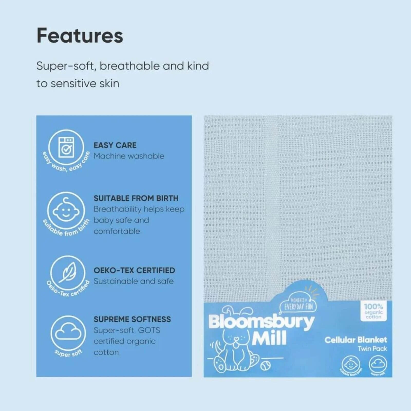 Bloomsbury Mill Organic Cotton Cellular Blankets Newborn Gift Set 2 pcs - Blue - ebebek - Black Friday