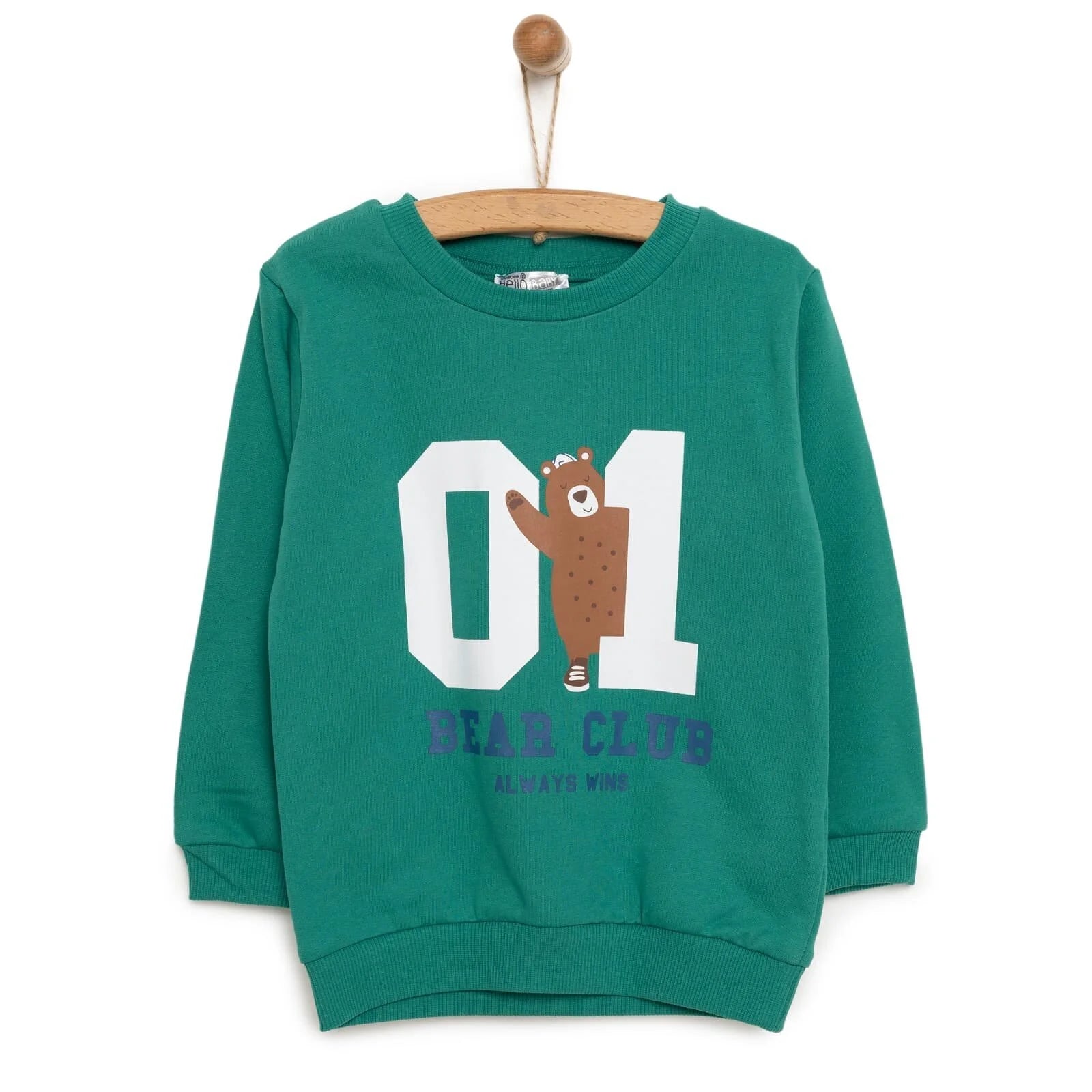 HelloBaby Basic Boy Low Raised Bear Printed Sweatshirt - Dark Green - ebebek - Black Friday