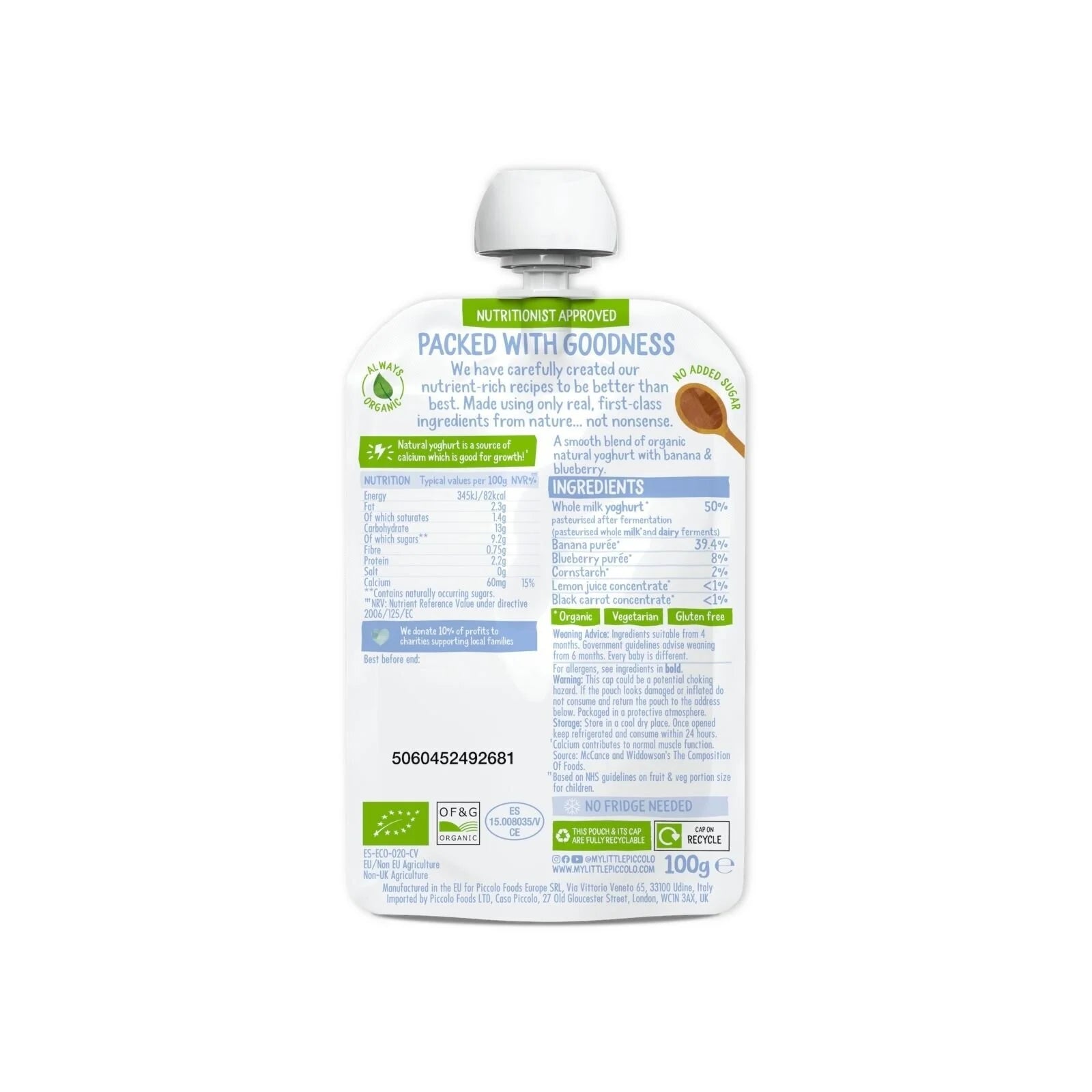 Piccolo Organic Natural Yoghurt Blueberry & Banana 6+ months 100g - ebebek - Black Friday