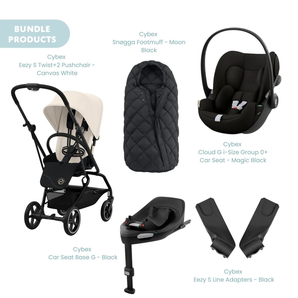 Cybex Eezy S Twist+2 Pushchair with Cloud G Car Seat & Base & Snøgga Footmuff Travel System Bundle - Canvas White - ebebek - Christmas