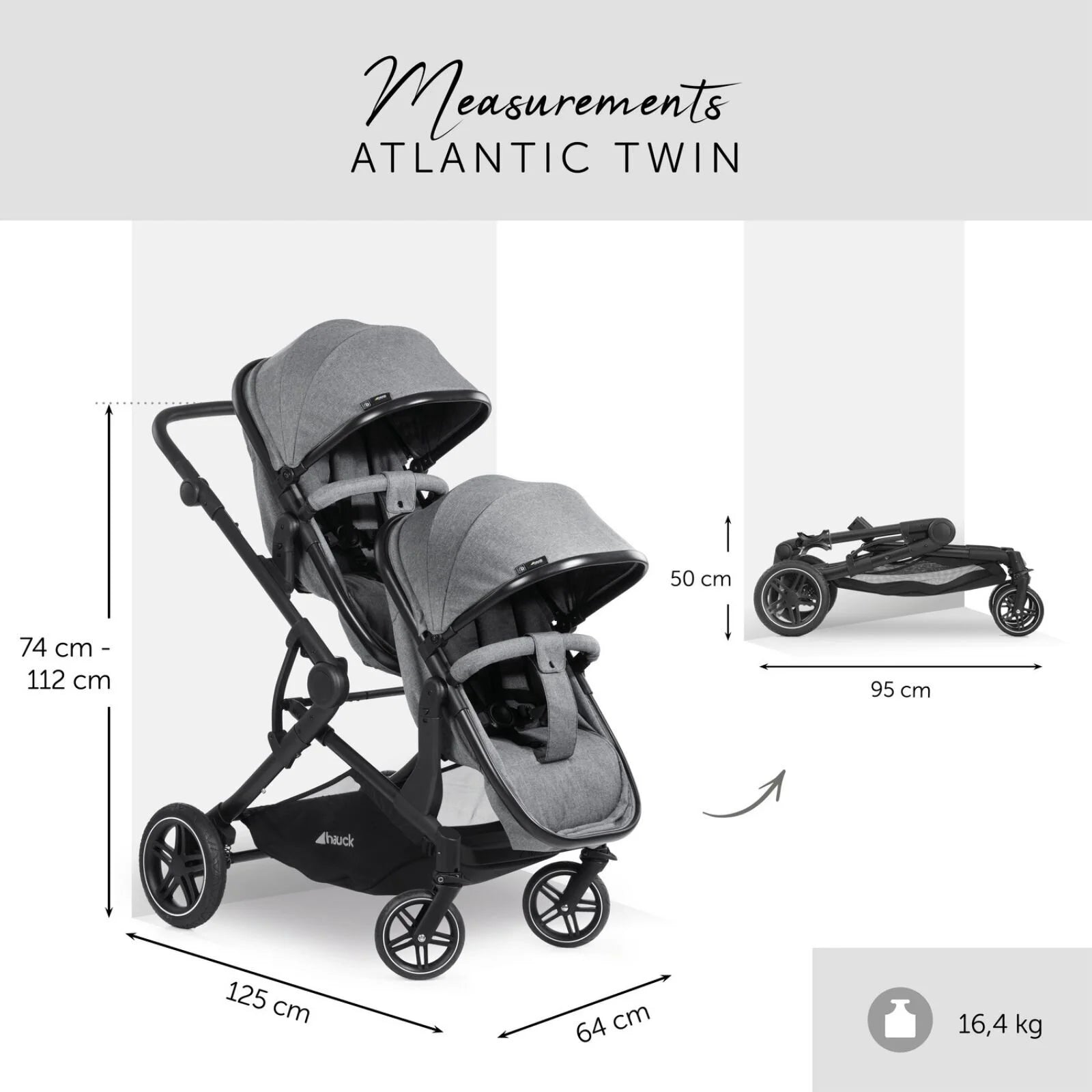 Hauck Atlantic Twin Double Stroller - Grey - Hauck - ebebek