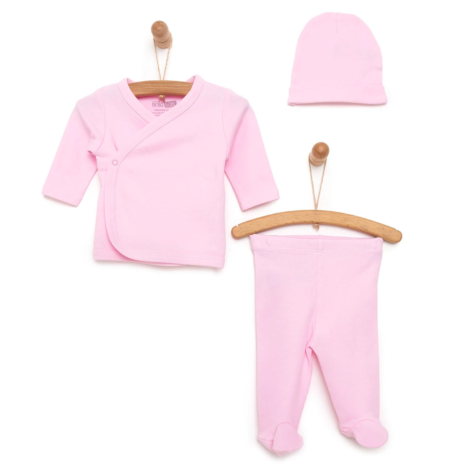 HelloBaby Newborn Organic Wrapover Top - Hat - Footed Set - Pink - ebebek - Black Friday