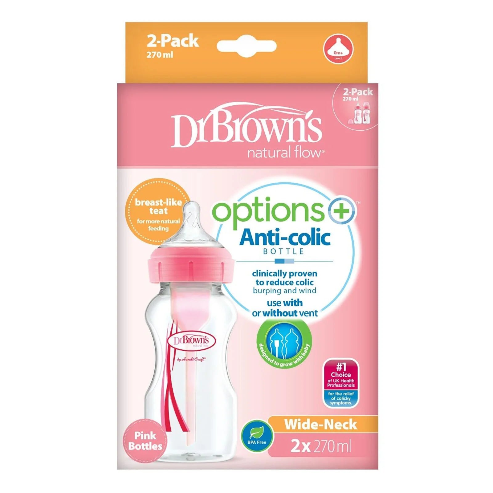 Dr. Brown's Options+ Anti - Colic Baby Bottle Wide Neck Pink 270ml Pack of 2 - ebebek - Black Friday