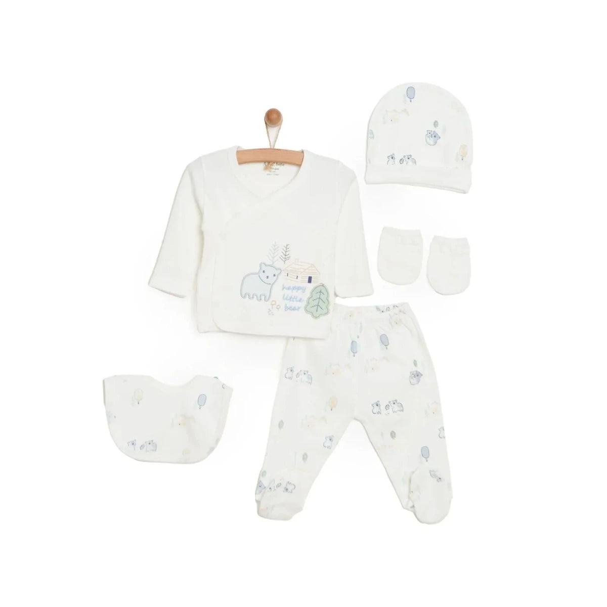 Aziz Bebe 5 Piece Happy Little Bear Print Envelope Neck Baby Hospital Bag Set (Newborn) Ecru - ebebek