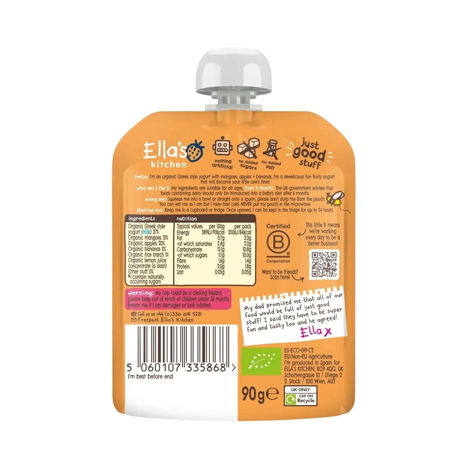 Ella's Kitchen Organic Mango Greek Style Yoghurt Baby Food Pouch 6+ months 90g - ebebek - Black Friday