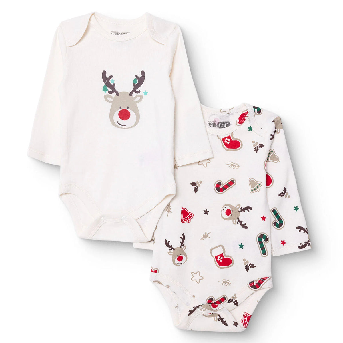 HelloBaby 2 Pack Festive Print Long Sleeve Baby Bodysuits (1-3 Months to 2-3 Years)