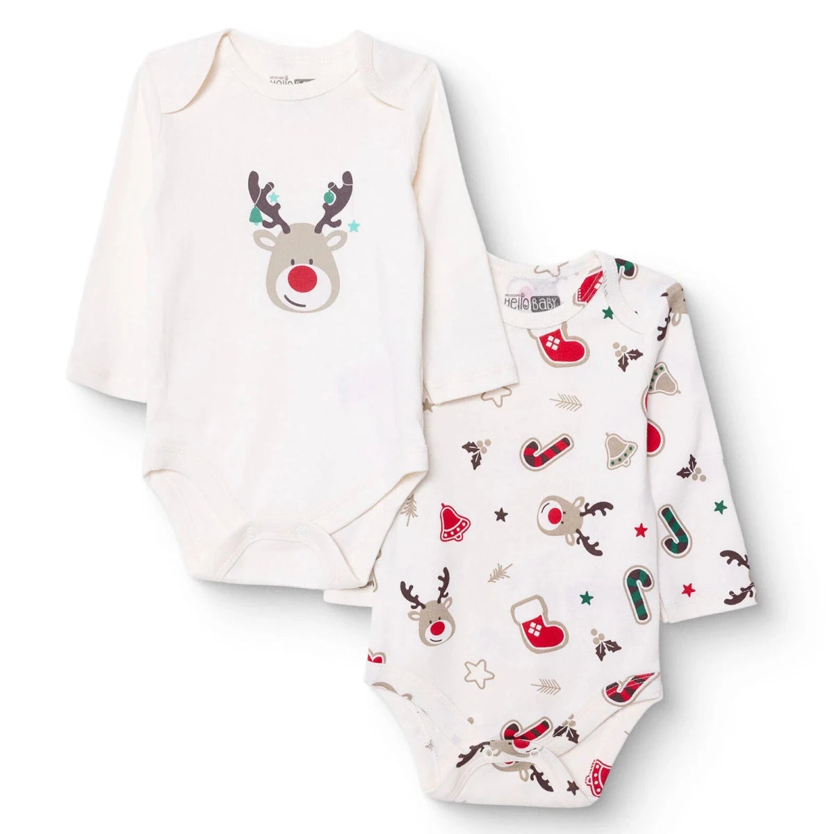 HelloBaby 2 Pack Festive Print Long Sleeve Baby Bodysuits (1-3 Months to 2-3 Years) Ecru - ebebek