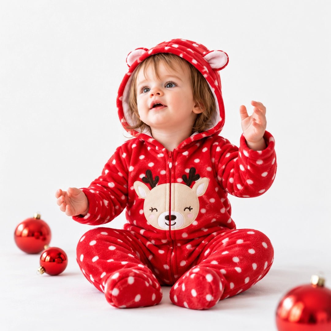 HelloBaby Festive Hooded Fleece Baby Pramsuit with Feet (Newborn to 9 Months) Red Printed - ebebek