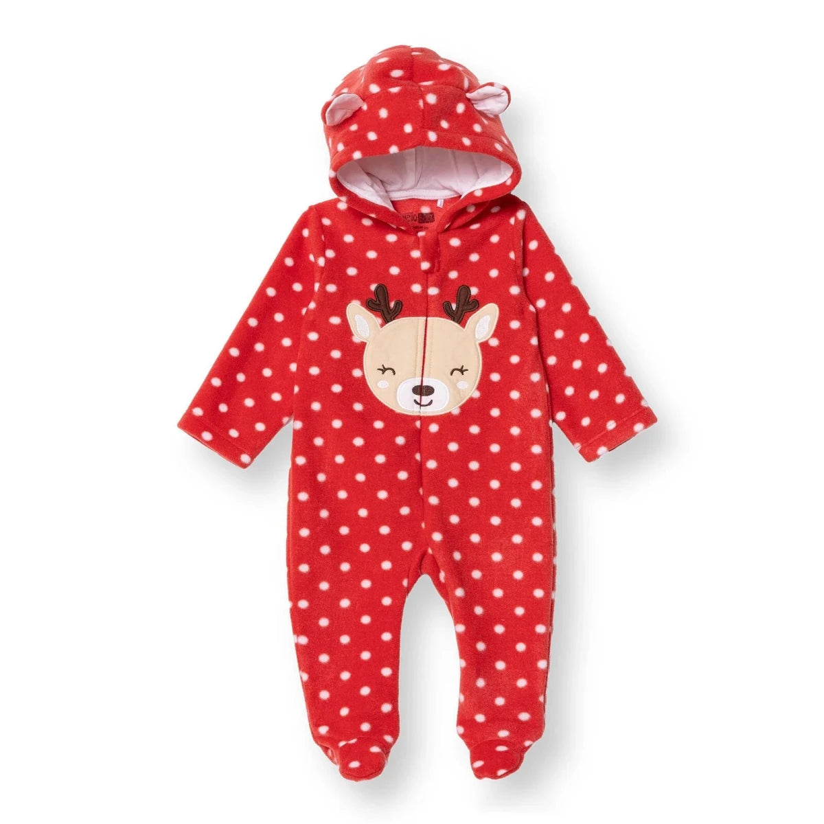 HelloBaby Festive Hooded Fleece Baby Pramsuit with Feet (Newborn to 9 Months) Red Printed - ebebek
