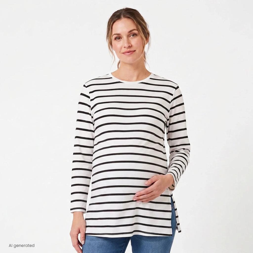 Baby Mom Striped Women's Maternity Long Sleeve T-Shirt (S to 2XL) Black Printed - ebebek