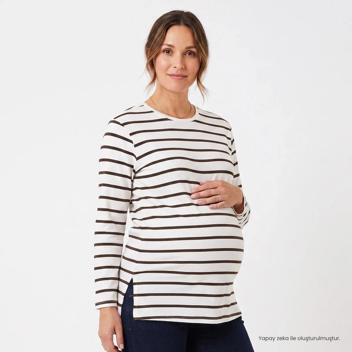 Baby Mom Striped Women's Maternity Long Sleeve T-Shirt (S to 2XL) Brown Printed - ebebek