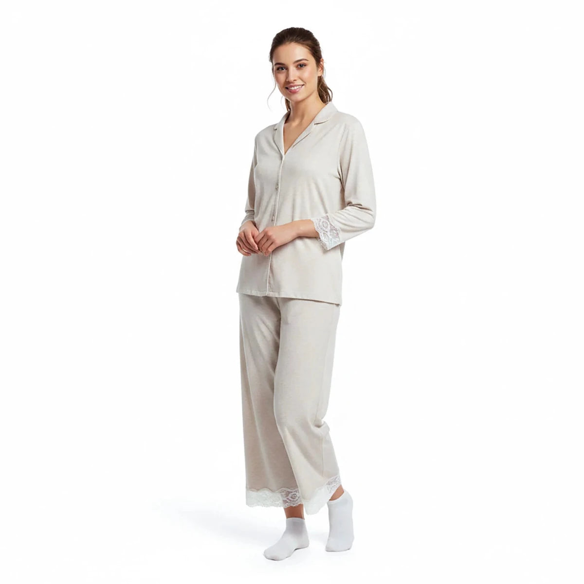 Baby Mom Women's V-Neck Button Front Pyjama Set (S to 2XL) Beige - ebebek