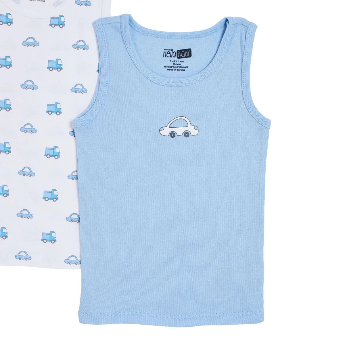 HelloBaby 2 Pack Car Print Ribbed Baby Vests (12 Months to 4-5 Years) Light Blue - ebebek