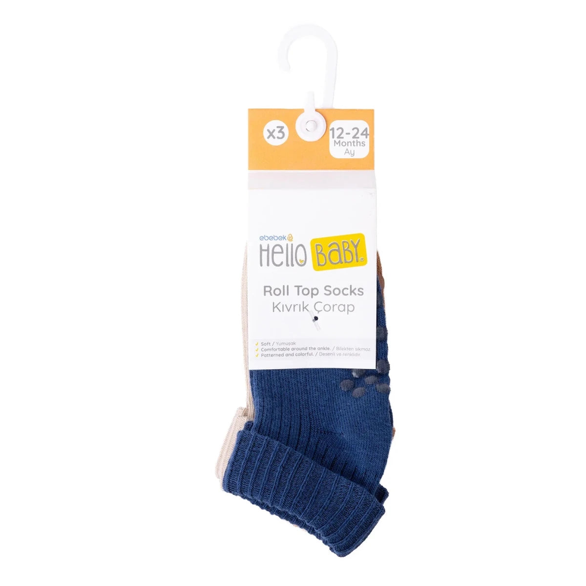 HelloBaby 3 Pack Roll-Top Baby Socks (Newborn to 12-24 Months) Navy Blue - ebebek