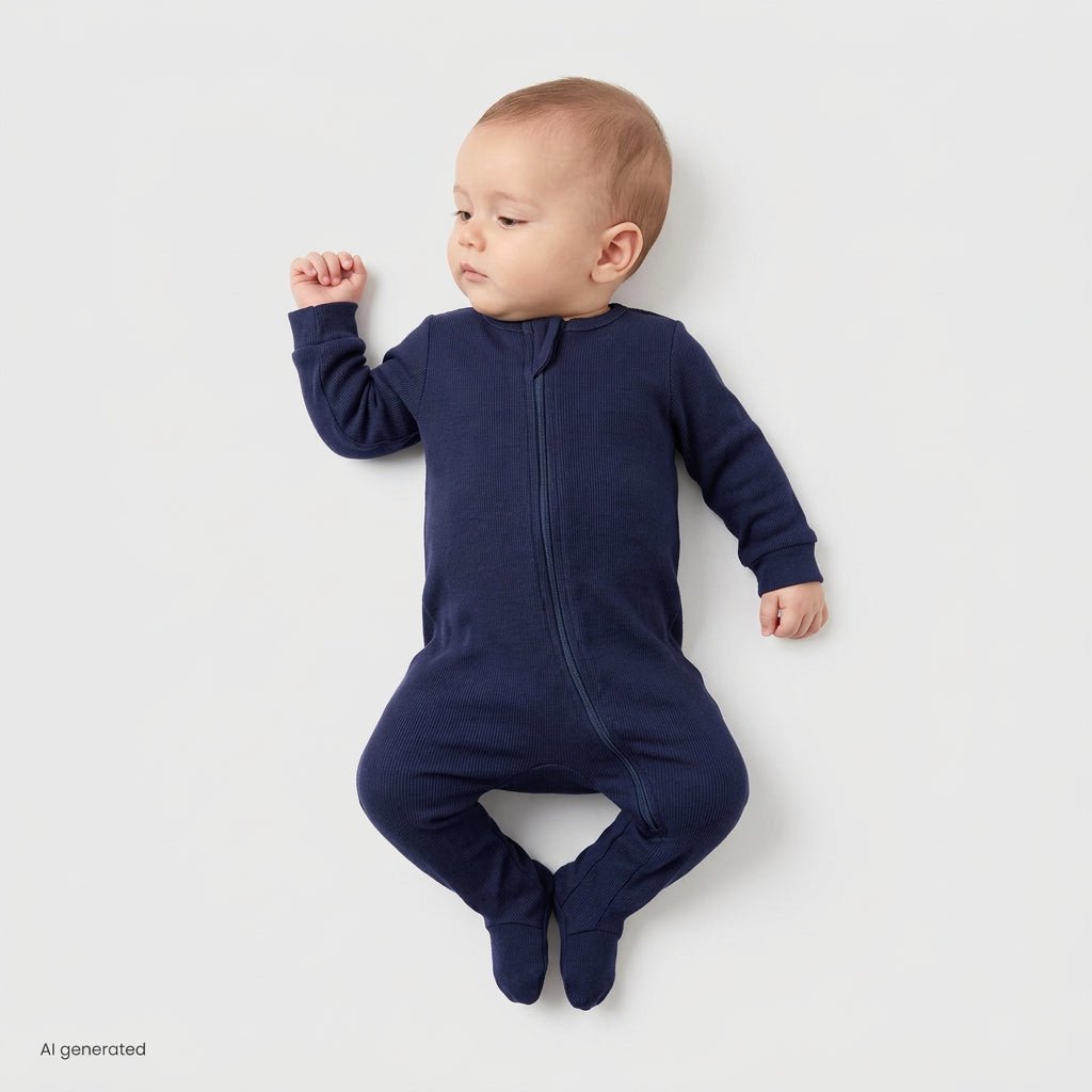 HelloBaby Zip-Up Ribbed Baby Sleepsuit with Feet (Newborn to 6-9 Months) - Dark Blue Dark Blue - ebebek