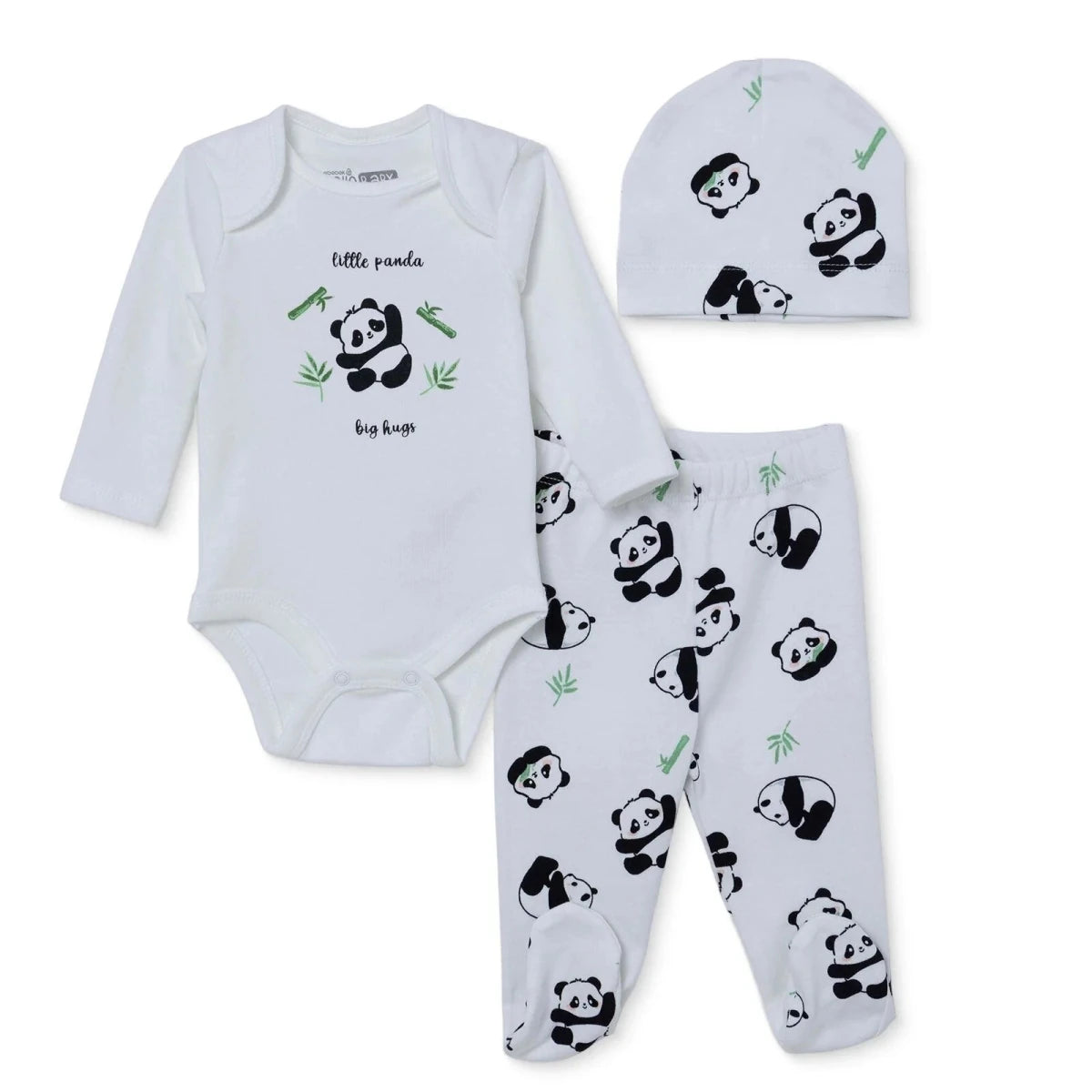 HelloBaby Panda Print Baby Bodysuit, Hat & Bottoms Set (Newborn to 6-9 Months) Ecru - ebebek