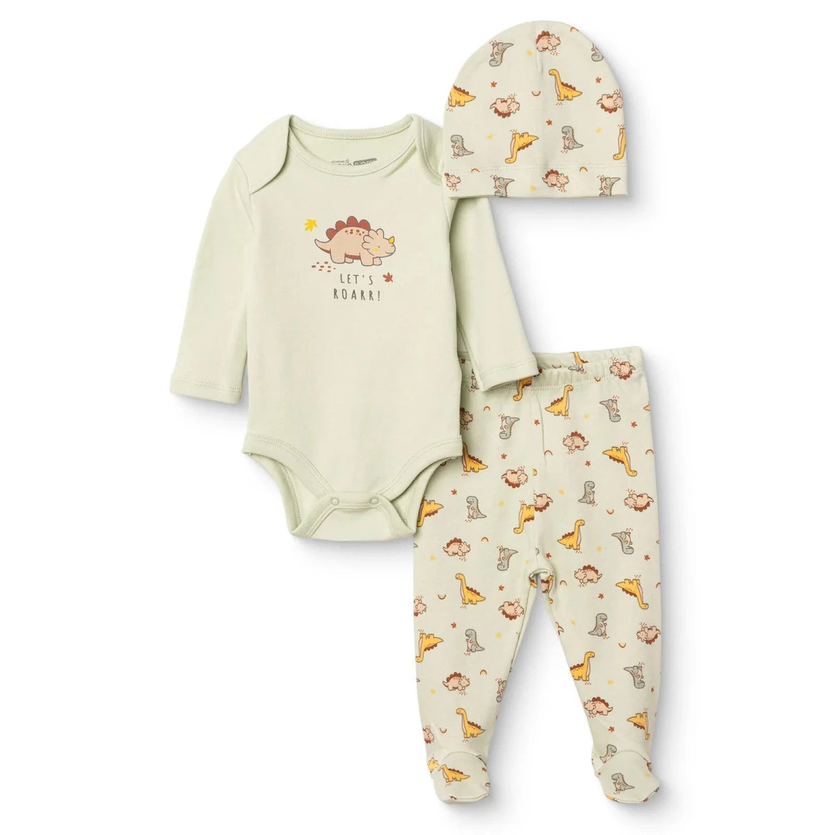 HelloBaby Dinosaur Print Baby Bodysuit, Hat & Bottoms Set (Newborn to 6-9 Months) Green - ebebek