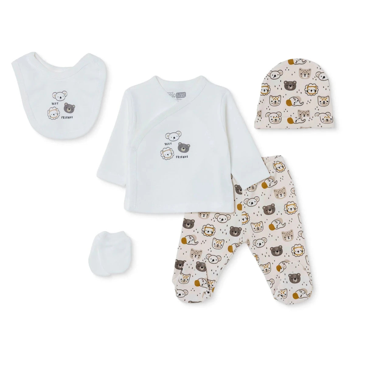 HelloBaby 5 Piece Crew Neck Animal Print Boxed Baby Hospital Bag Set (Newborn) Ecru - ebebek