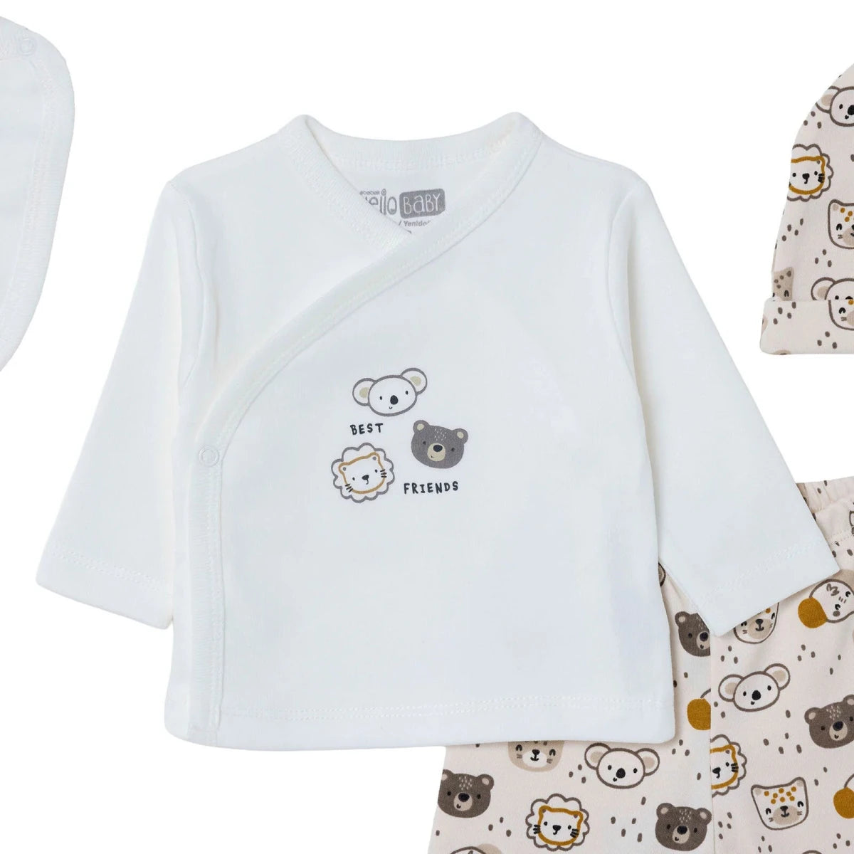 HelloBaby 5 Piece Crew Neck Animal Print Boxed Baby Hospital Bag Set (Newborn) Ecru - ebebek