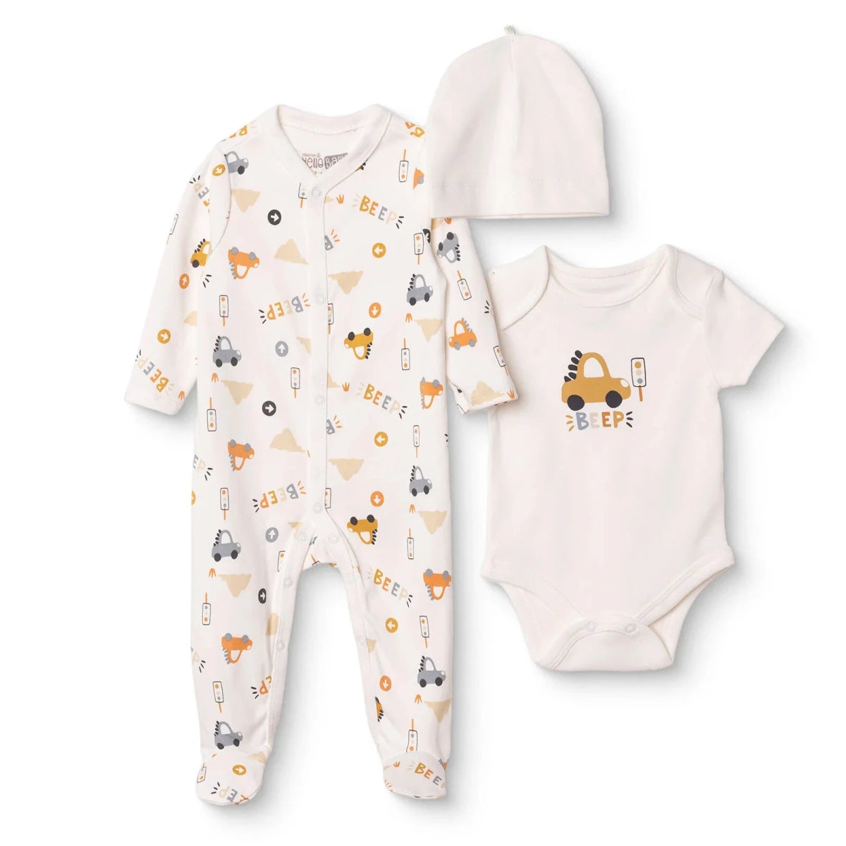 HelloBaby Car Print Baby Bodysuit, Hat & Sleepsuit Set (Newborn to 3-6 Months) Ecru - ebebek