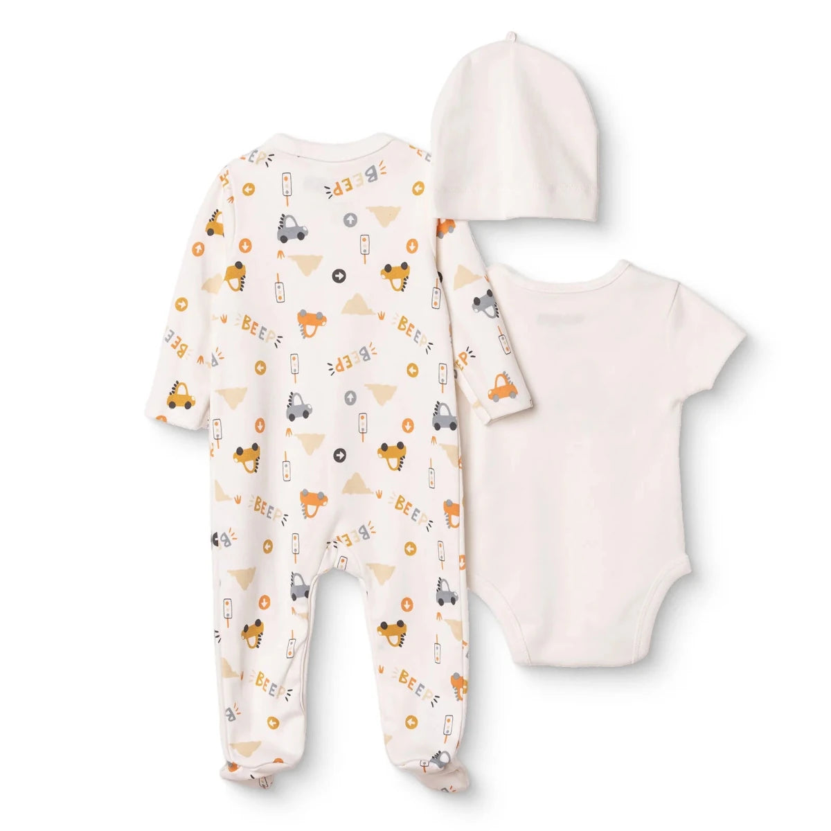 HelloBaby Car Print Baby Bodysuit, Hat & Sleepsuit Set (Newborn to 3-6 Months) Ecru - ebebek