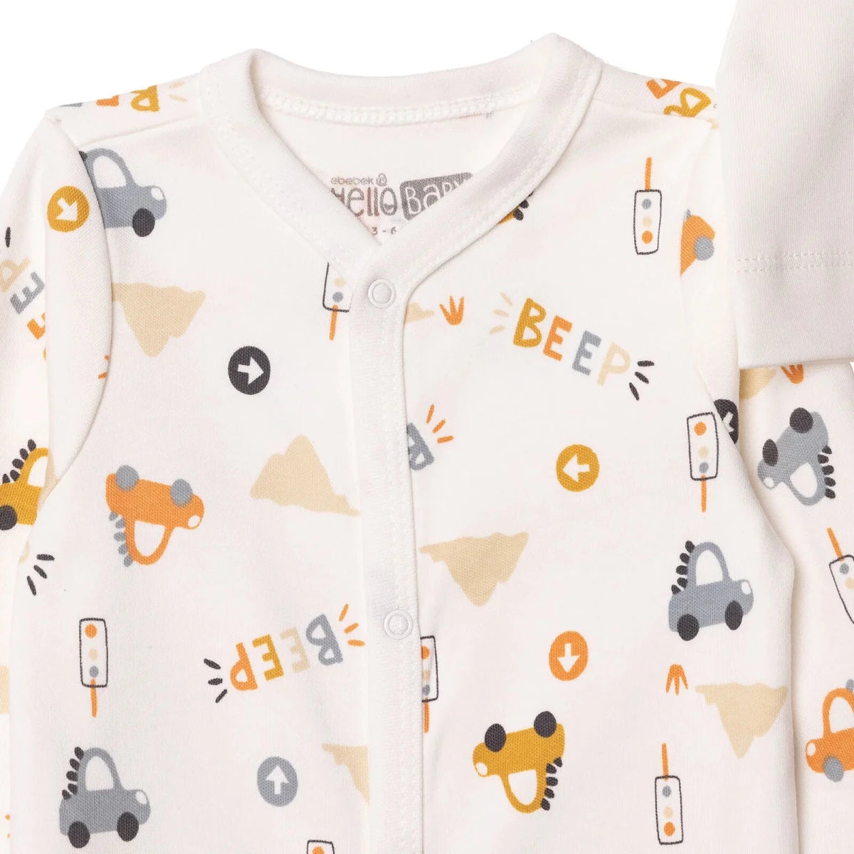 HelloBaby Car Print Baby Bodysuit, Hat & Sleepsuit Set (Newborn to 3-6 Months) Ecru - ebebek