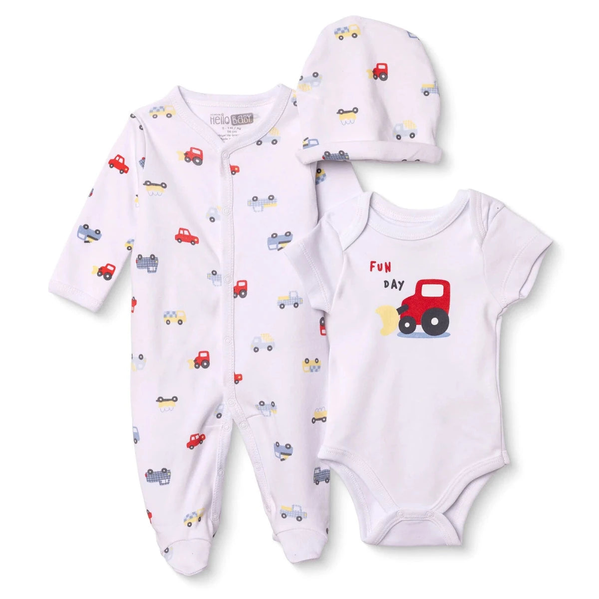 HelloBaby Car Print Baby Bodysuit, Hat & Sleepsuit Set (Newborn to 3-6 Months) Blue - ebebek
