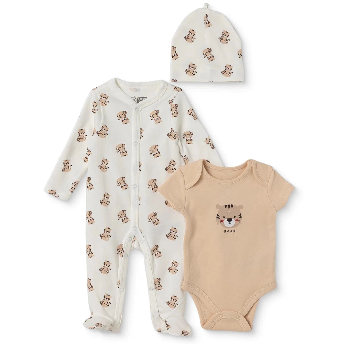 HelloBaby "Roar" Slogan Baby Bodysuit, Hat & Sleepsuit Set (Newborn to 3-6 Months) Ecru - ebebek