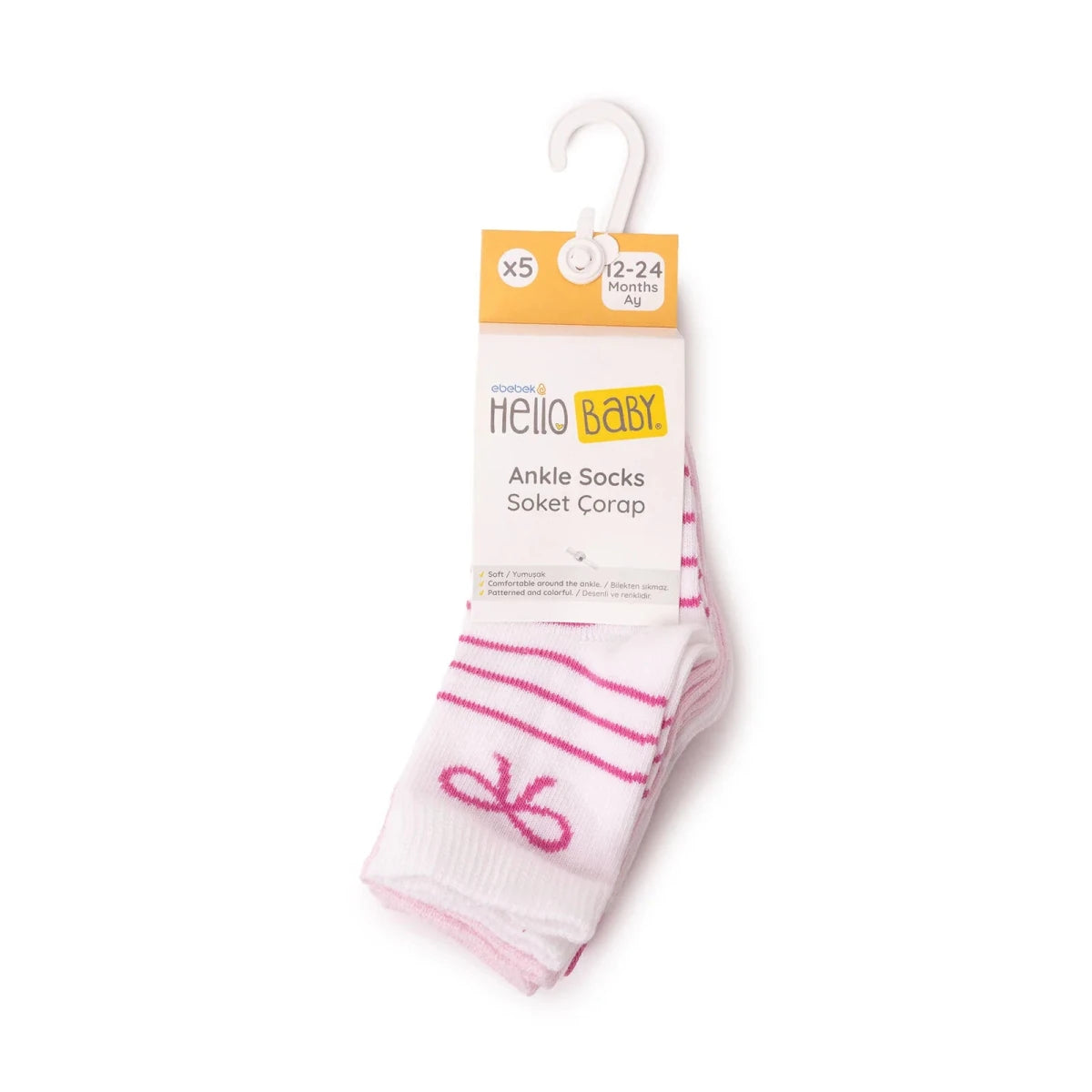 HelloBaby Bow Print 5 Pack Ankle Baby Socks (Newborn to 4-5 Years) Pink - ebebek