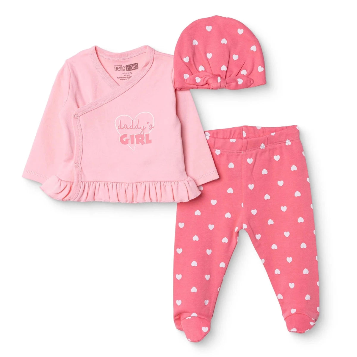 HelloBaby Heart Print Baby Hat, Vest & Bottoms Set (Newborn to 3-6 Months) Pink - ebebek