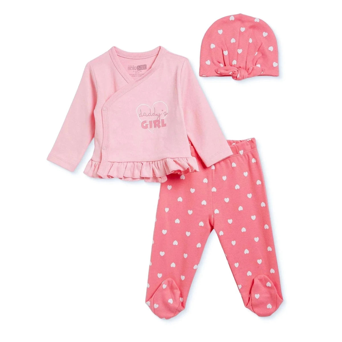 HelloBaby Heart Print Baby Hat, Vest & Bottoms Set (Newborn to 3-6 Months) Pink - ebebek