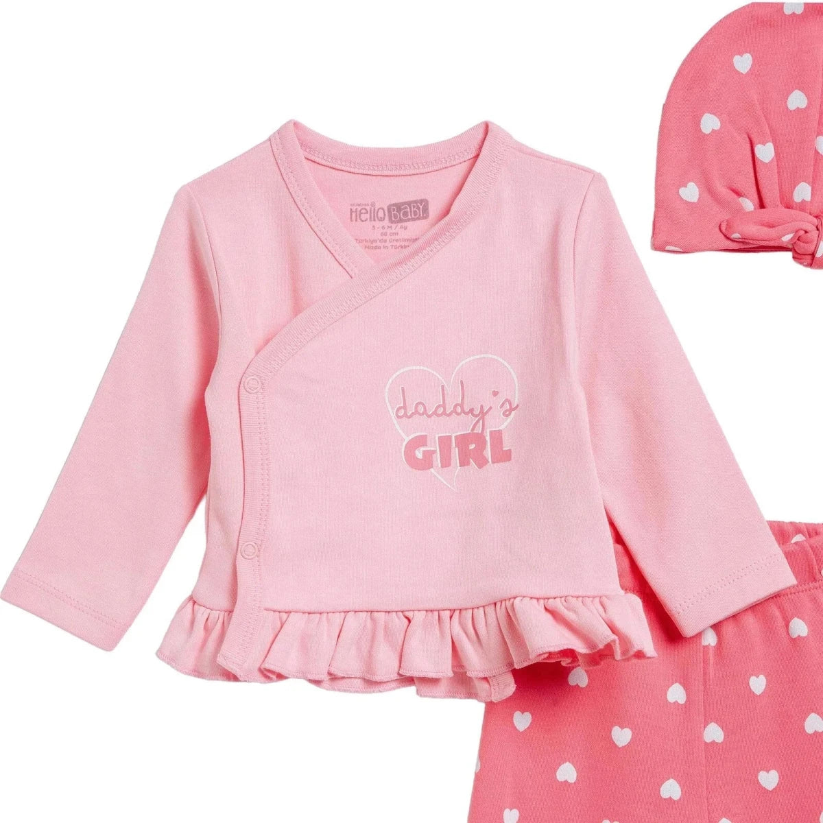 HelloBaby Heart Print Baby Hat, Vest & Bottoms Set (Newborn to 3-6 Months) Pink - ebebek