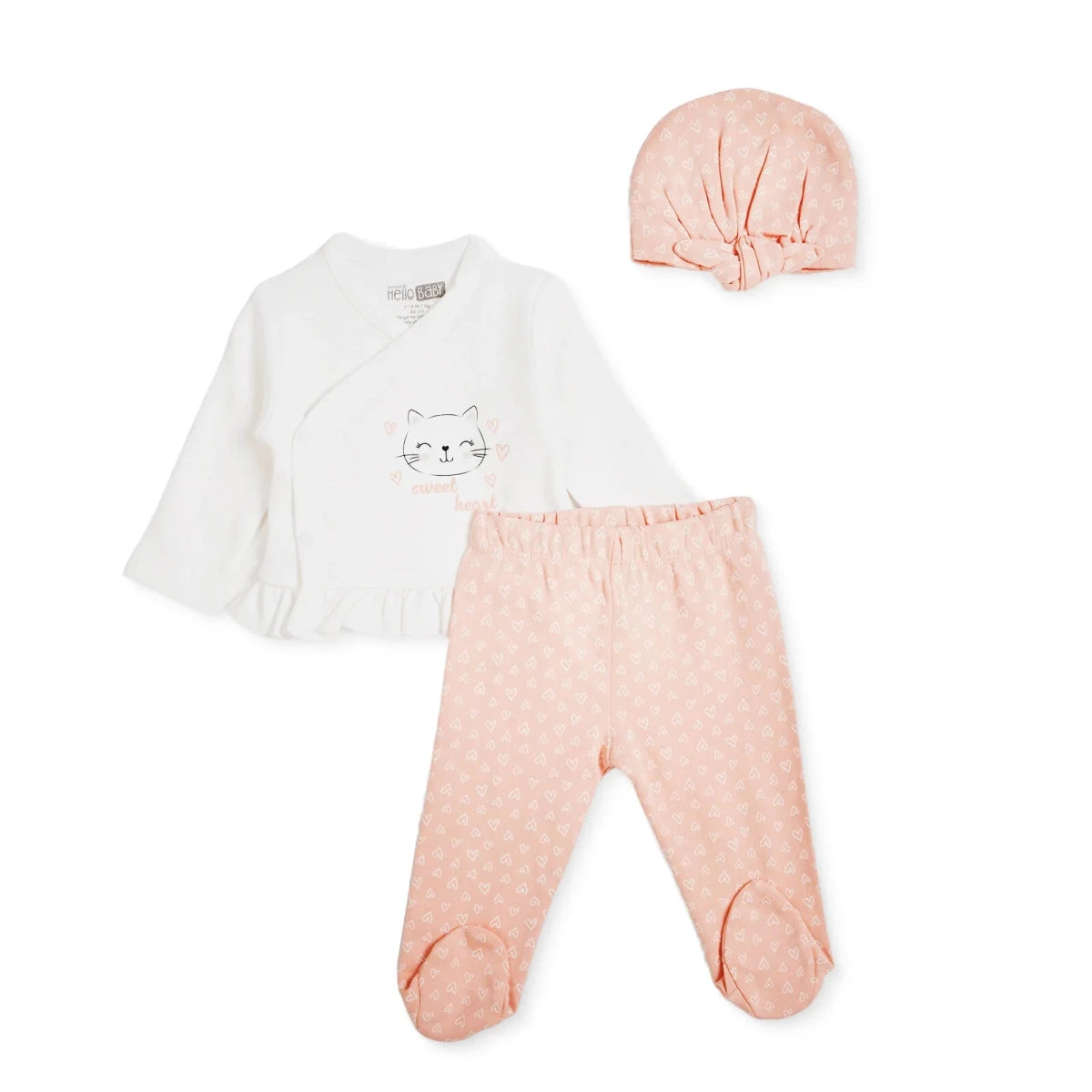 HelloBaby "Sweet Heart" Slogan Baby Hat, Vest & Bottoms Set (Newborn to 3-6 Months) Ecru Printed - ebebek