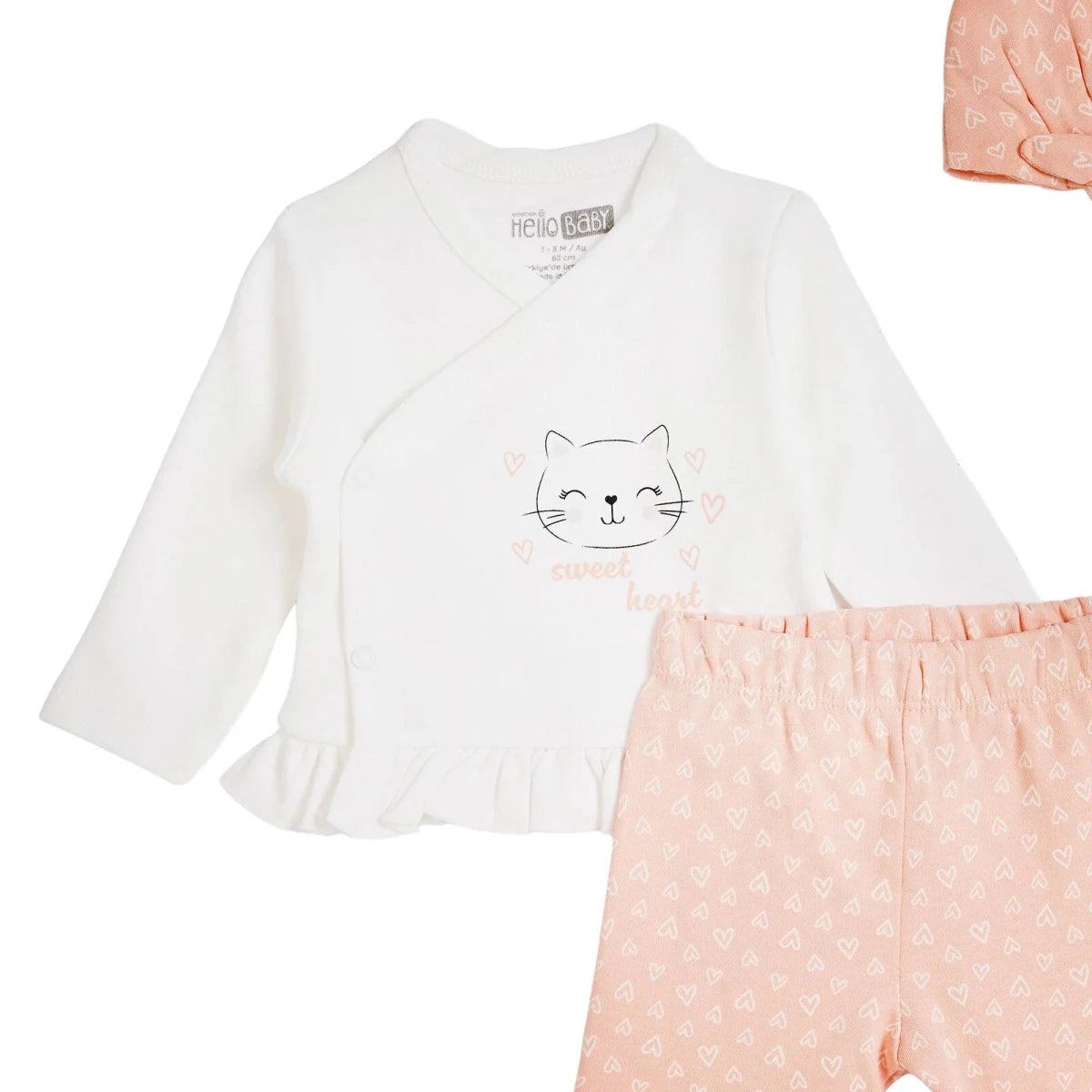 HelloBaby "Sweet Heart" Slogan Baby Hat, Vest & Bottoms Set (Newborn to 3-6 Months) Ecru Printed - ebebek