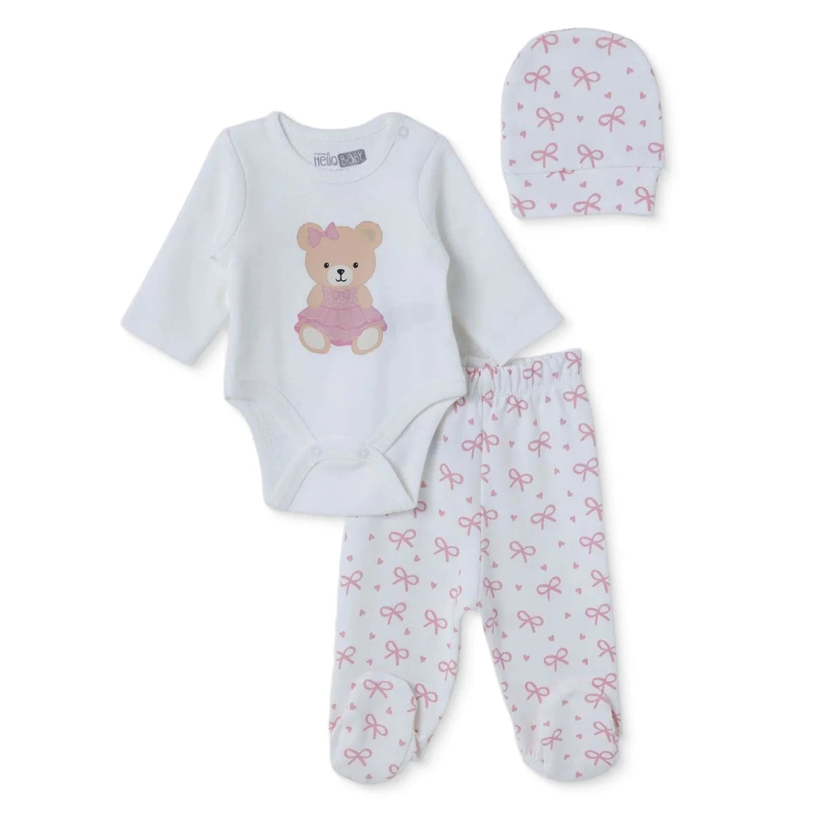 HelloBaby Bear Print Baby Bodysuit, Hat & Bottoms Set (Newborn to 6-9 Months) Pink - ebebek