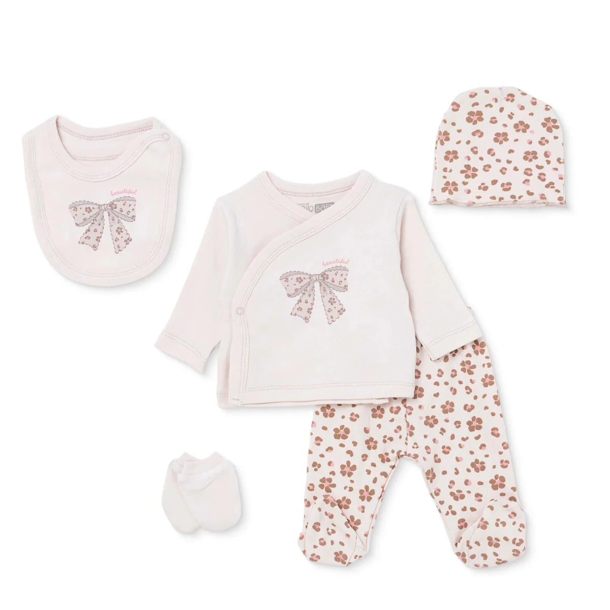 HelloBaby 5 Piece Crew Neck Animal Print Boxed Baby Hospital Bag Set (Newborn) Ecru - ebebek