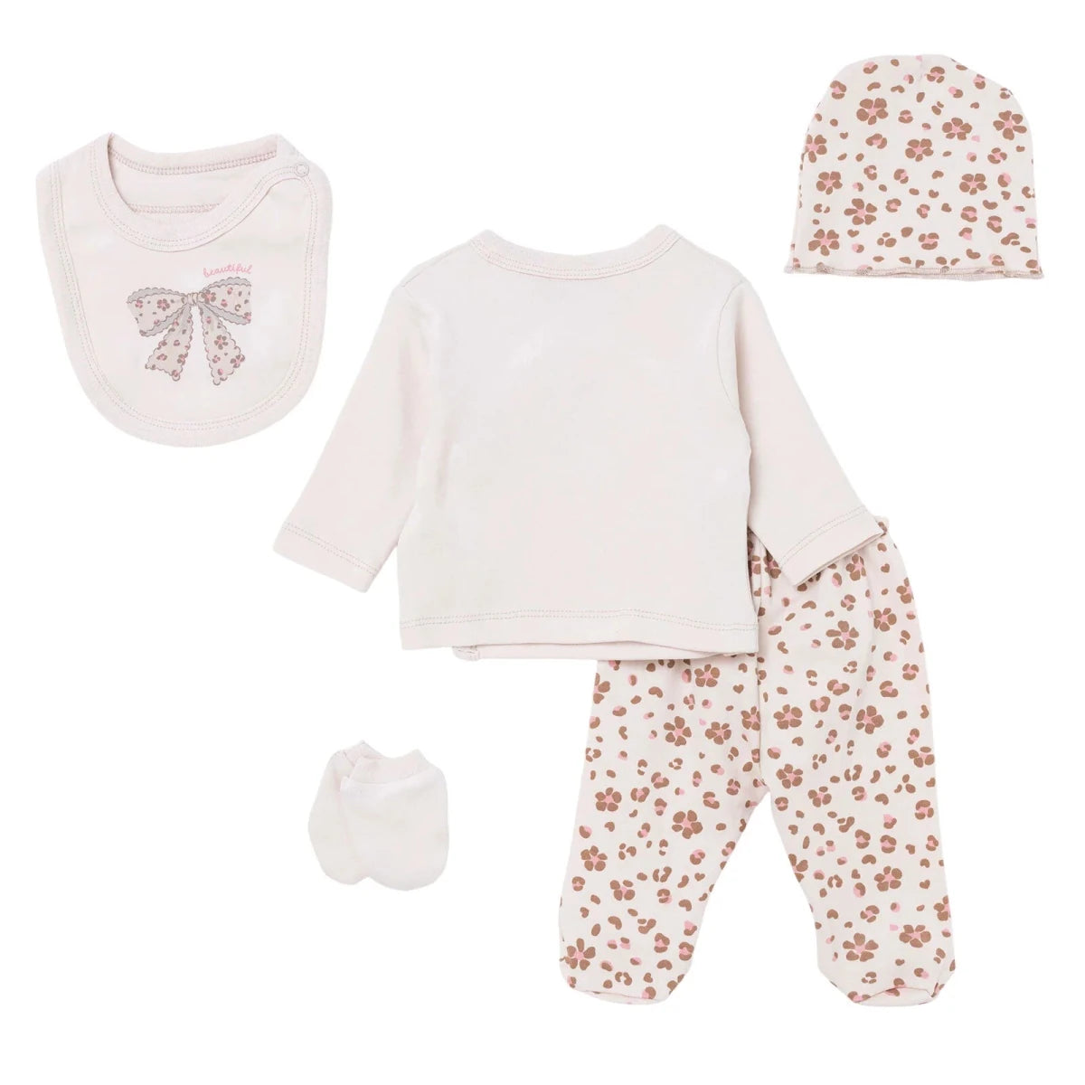 HelloBaby 5 Piece Crew Neck Animal Print Boxed Baby Hospital Bag Set (Newborn) Ecru - ebebek