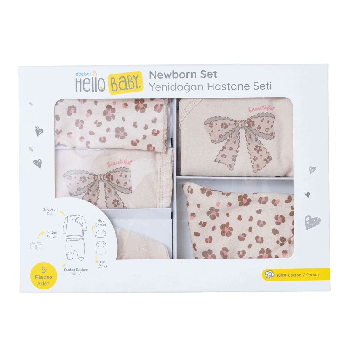 HelloBaby 5 Piece Crew Neck Animal Print Boxed Baby Hospital Bag Set (Newborn) Ecru - ebebek