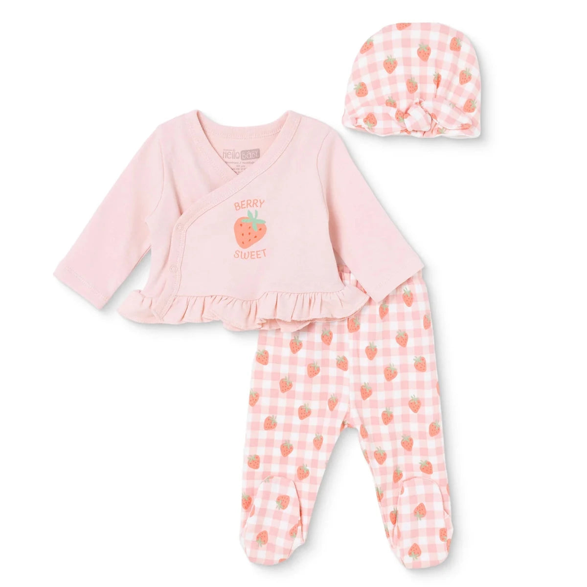 HelloBaby Strawberry Print Baby Hat, Vest & Bottoms Set (Newborn to 3-6 Months) Pink - ebebek
