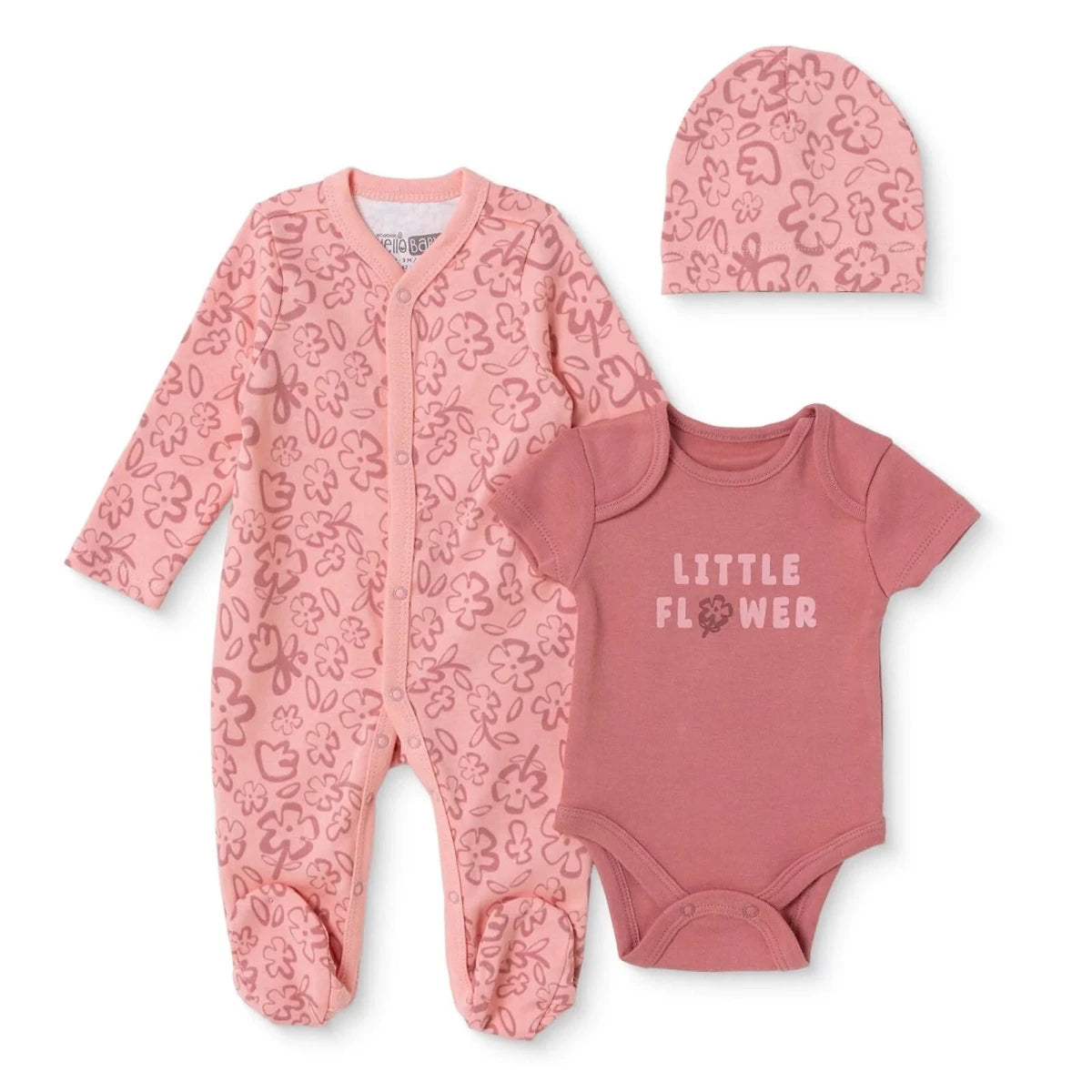 HelloBaby Floral Print Baby Bodysuit, Hat & Sleepsuit Set (Newborn to 3-6 Months) Pink - ebebek