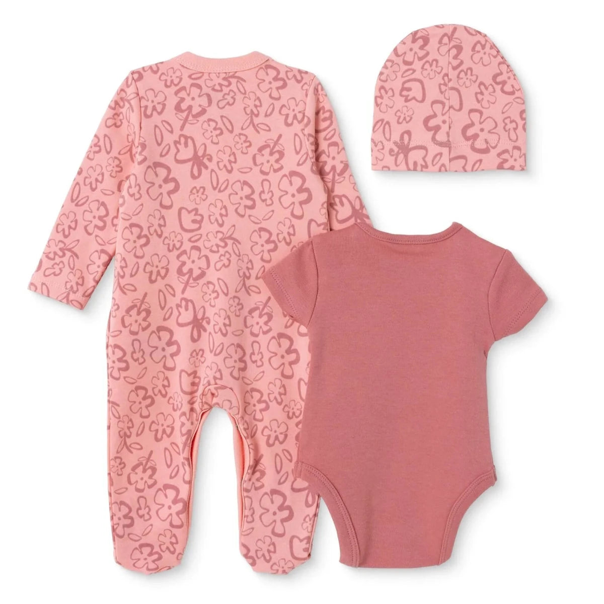 HelloBaby Floral Print Baby Bodysuit, Hat & Sleepsuit Set (Newborn to 3-6 Months) Pink - ebebek