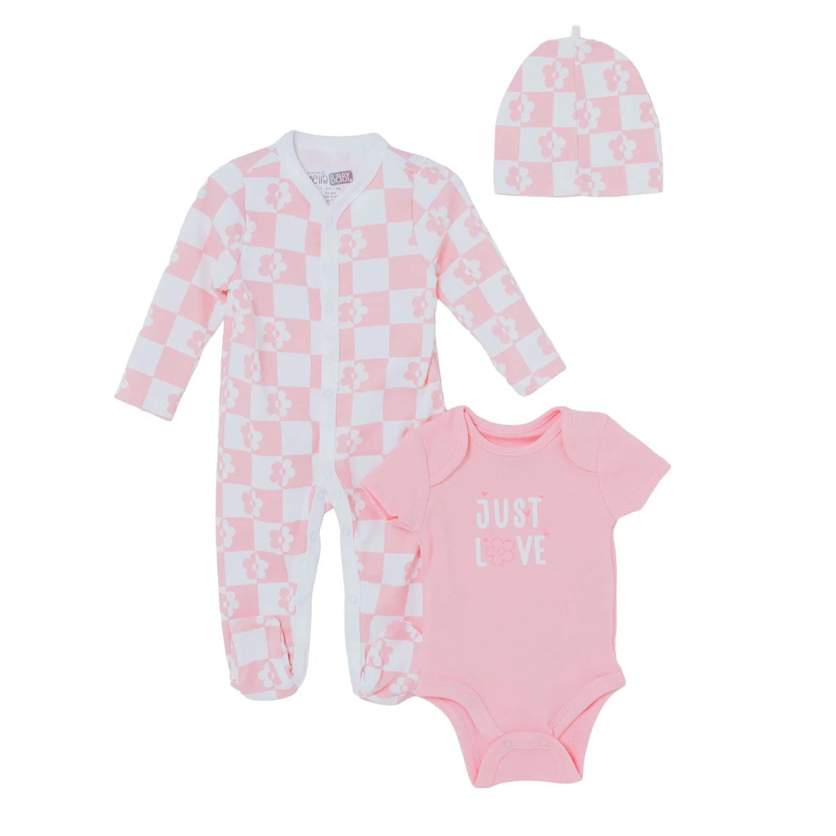 HelloBaby "Just Love" Slogan Baby Bodysuit, Hat & Sleepsuit Set (Newborn to 3-6 Months) Pink - ebebek