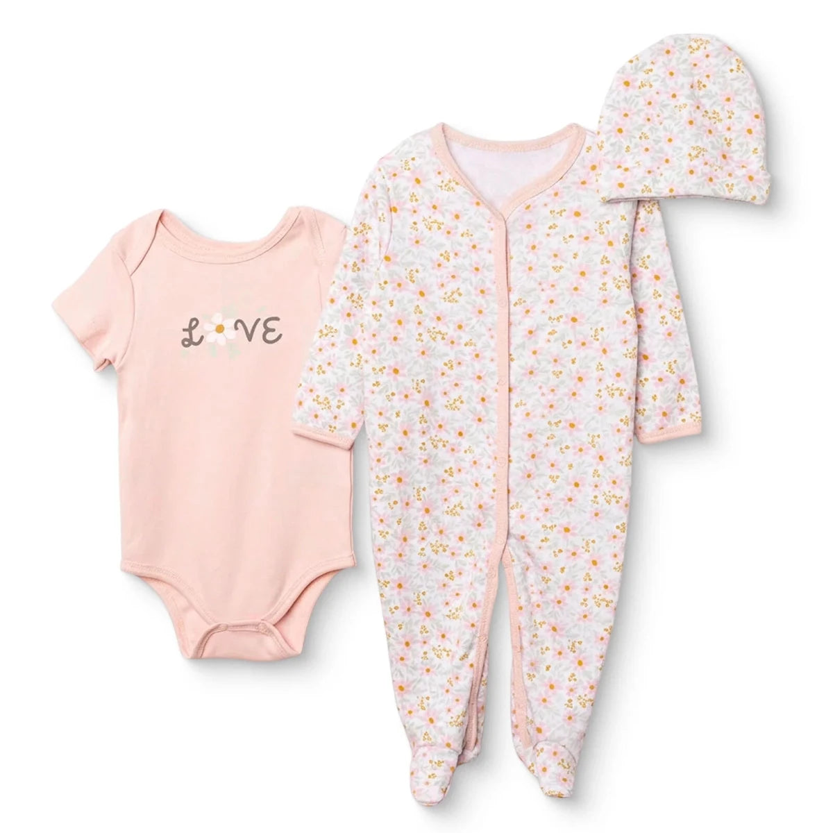 HelloBaby Floral Print Baby Bodysuit, Hat & Sleepsuit Set (Newborn to 3-6 Months) Pink - ebebek