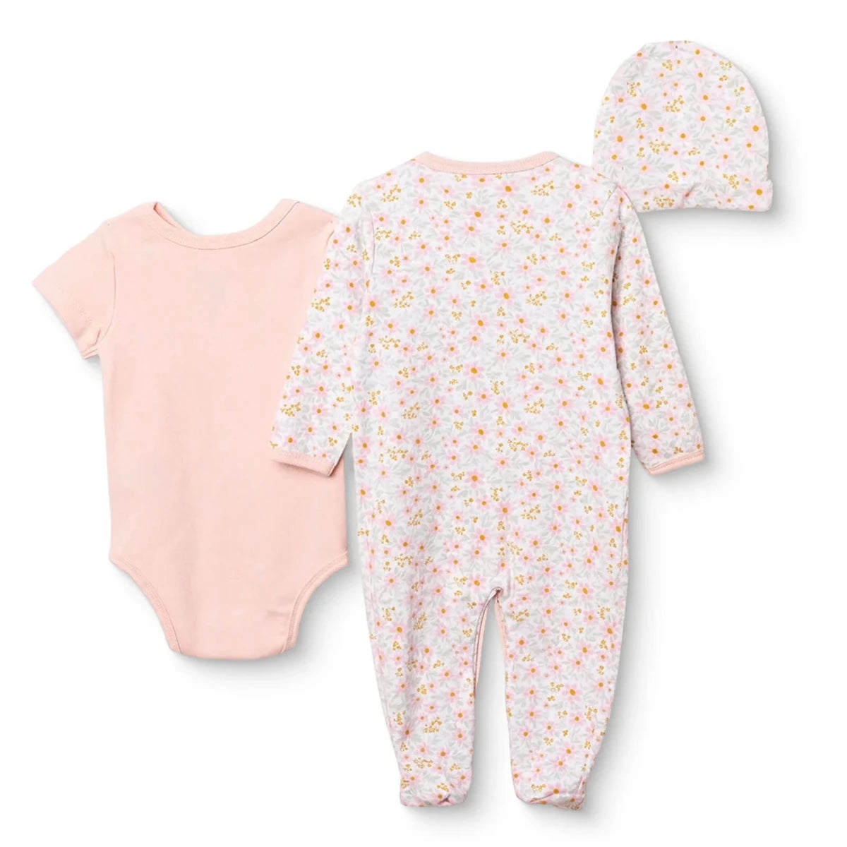 HelloBaby Floral Print Baby Bodysuit, Hat & Sleepsuit Set (Newborn to 3-6 Months) Pink - ebebek