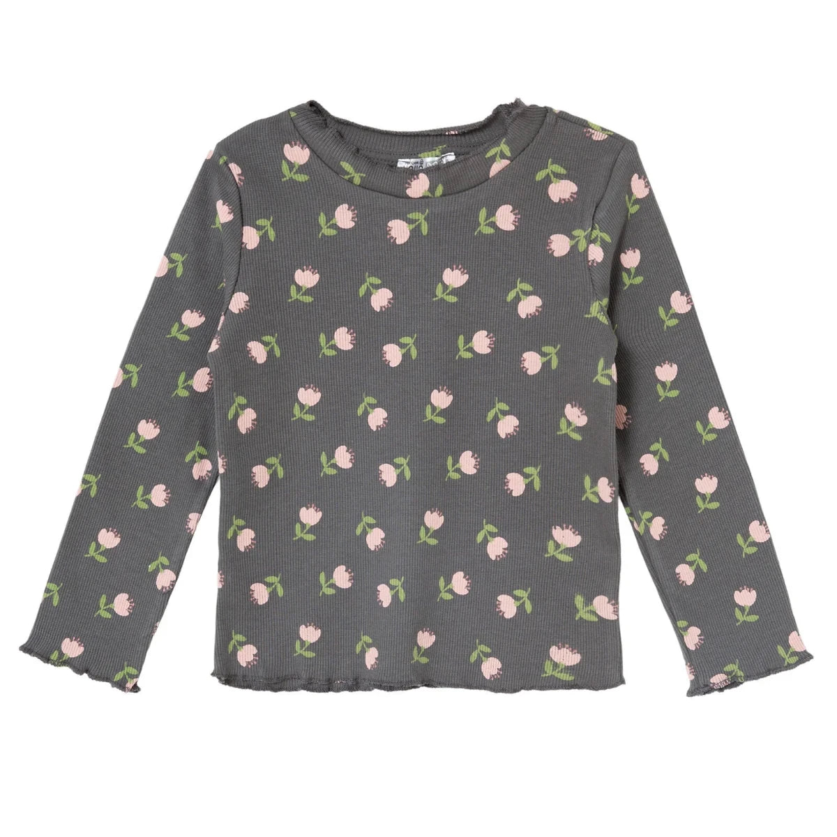 HelloBaby Frill Neck Floral Print Long Sleeve Baby T-Shirt (3-6 Months to 2-3 Years) Grey Printed - ebebek