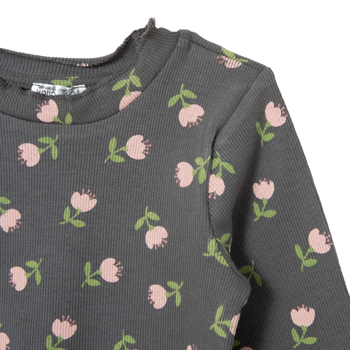 HelloBaby Frill Neck Floral Print Long Sleeve Baby T-Shirt (3-6 Months to 2-3 Years) Grey Printed - ebebek