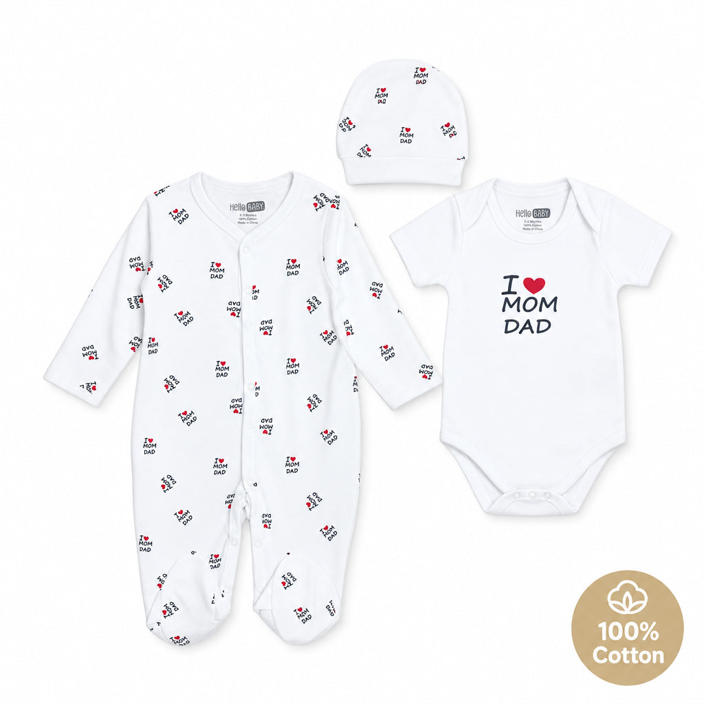 HelloBaby Slogan Print Baby Bodysuit, Hat & Footed Sleepsuit Set (Newborn to 6-9 Months) Ecru - ebebek