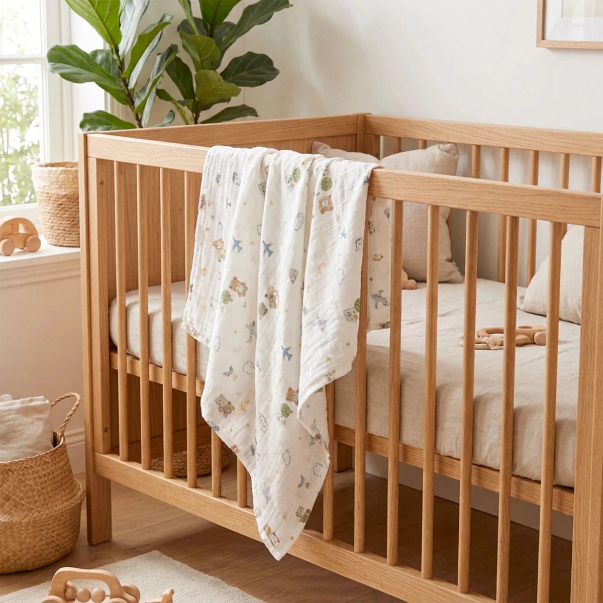 Little Dreams Bear Print Muslin Baby Blanket (100 x 110 cm) Ecru - ebebek